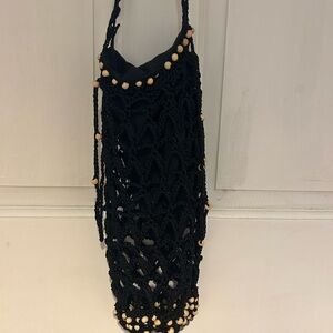 Free People Moonlight Black macrame Crochet Bag with Wooden Beads